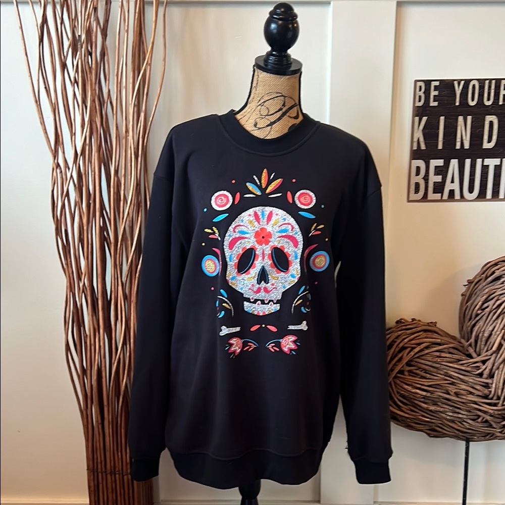Better/Together Colorful Skull Graphic Black Sweatshirt